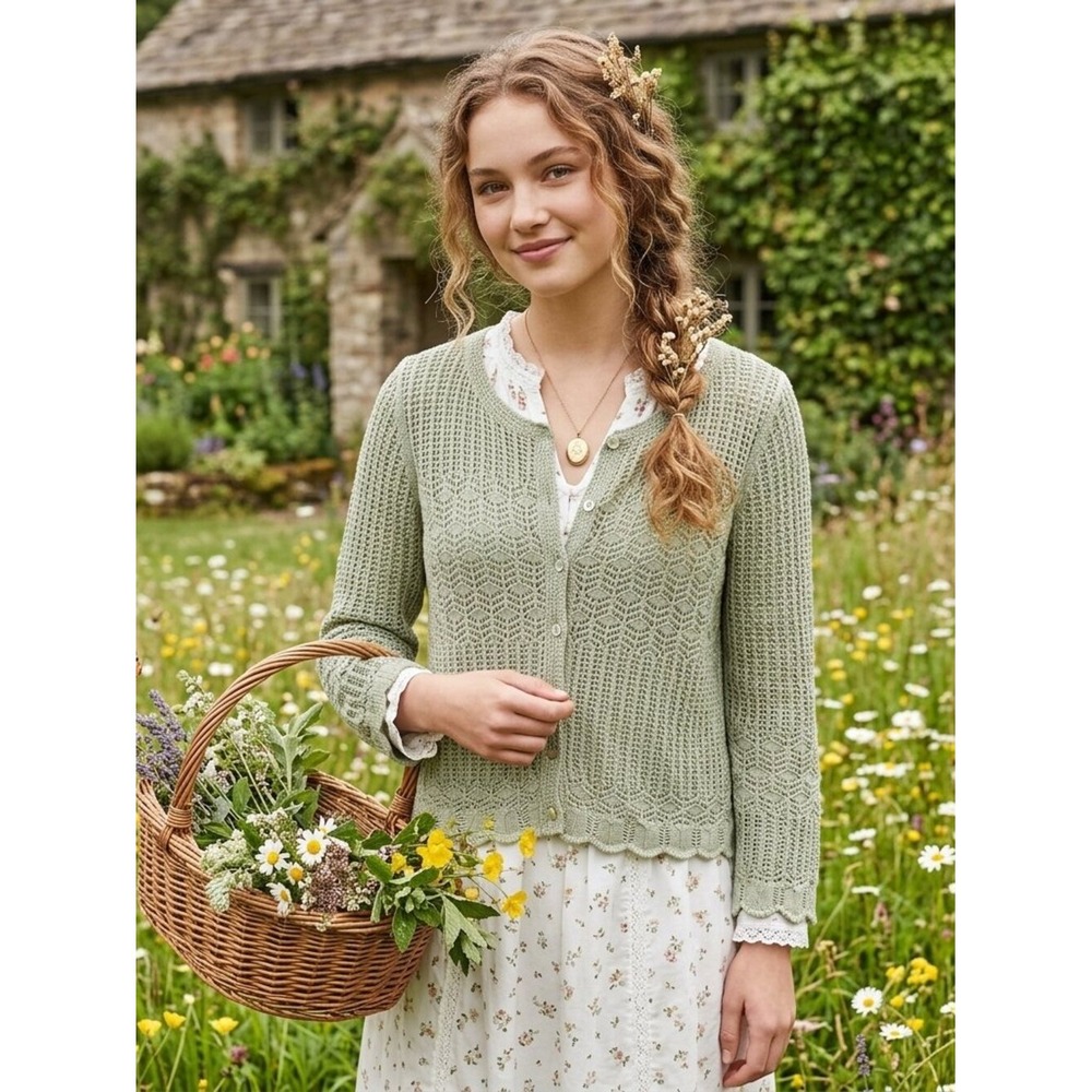 Sundance Sage Green Pointelle Knit‎ Cardi Sweater Scalloped Hem PM Cotton Modal